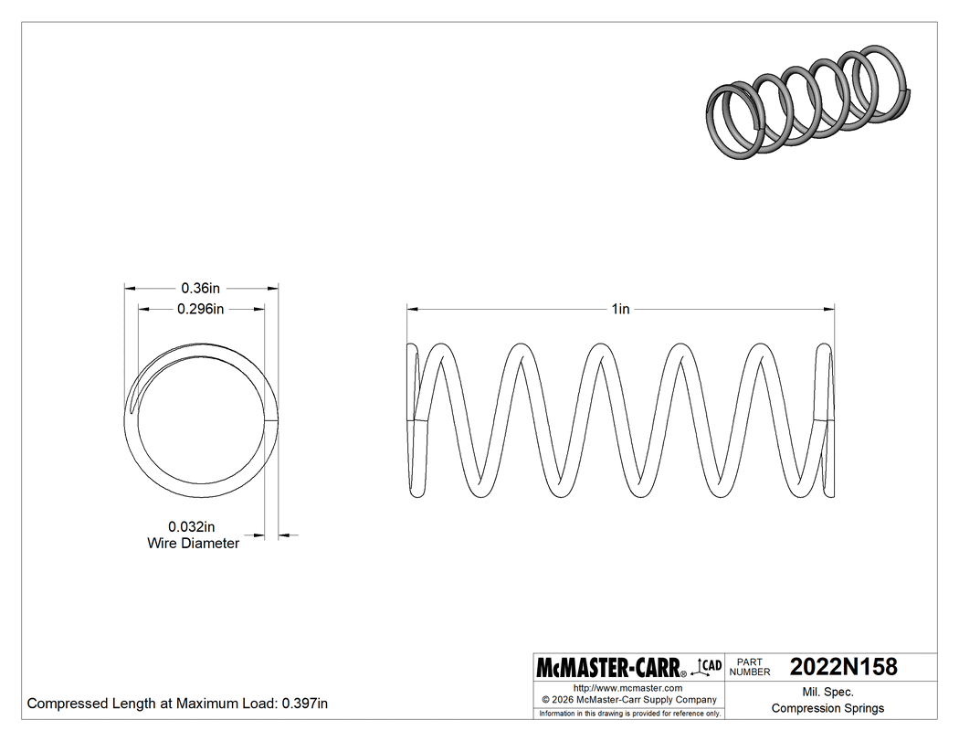 Technical Drawing of Mil. Spec. Compression Springs, 1" Long, 0.36" OD, 0.296" ID, MS24585-1238.